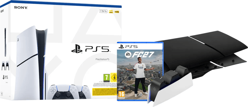 PS5 Slim Disc Edition + FC 27 + Covers Zwart + Extra Controller Wit + Oplaadstation