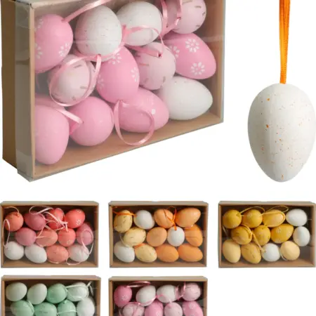 Paasei hangdeco 6cm 12 stuks in doos assorti