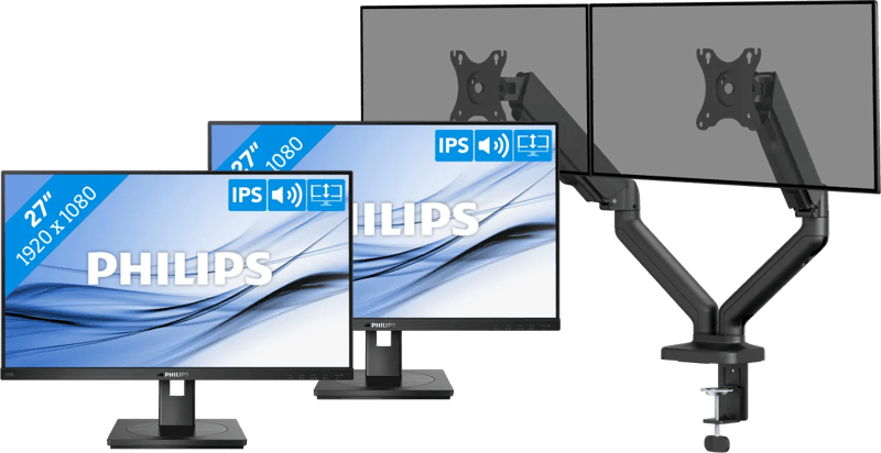 Philips 272B1G/00 Duo Pack + BlueBuilt Monitorarm Mechanische Veer voor 2 Monitoren