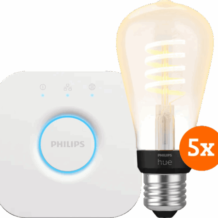 Philips Hue Filament White Ambiance Edison 5-Pack + Bridge