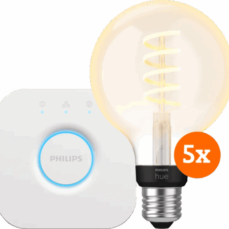 Philips Hue Filament White Ambiance Globe 5-Pack + Bridge
