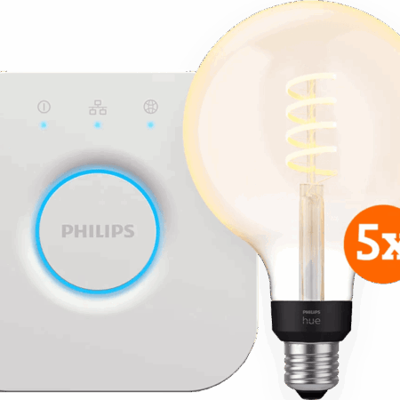 Philips Hue Filament White Ambiance Globe XL 5-Pack + Bridge