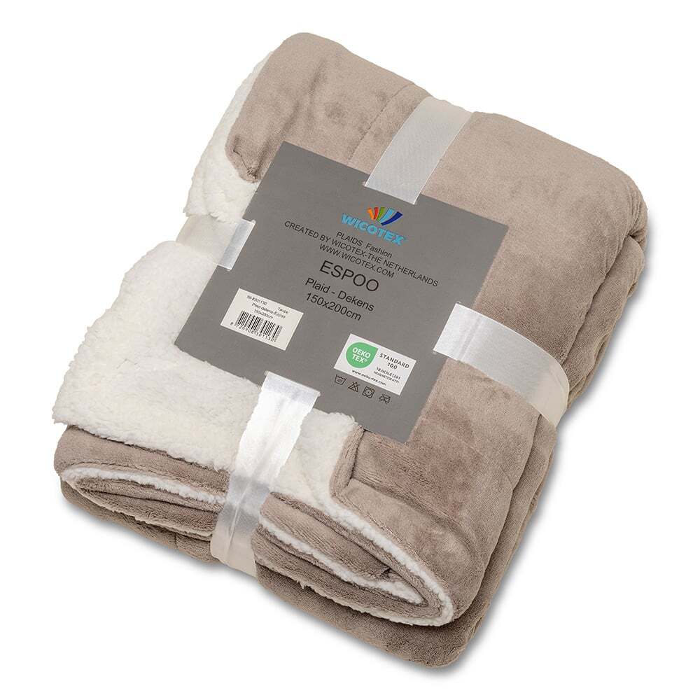 Plaid-deken Espoo taupe Coral fleece met zachte binnenzijde van sherpa 150x200cm
