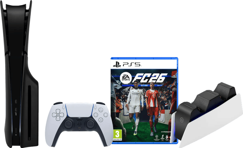 PlayStation 5 Slim Disc Edition + FC 26 + Covers Zwart + Oplaadstation