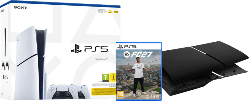 PlayStation 5 Slim Disc Edition + FC 27 + Covers Zwart + Extra Controller Wit