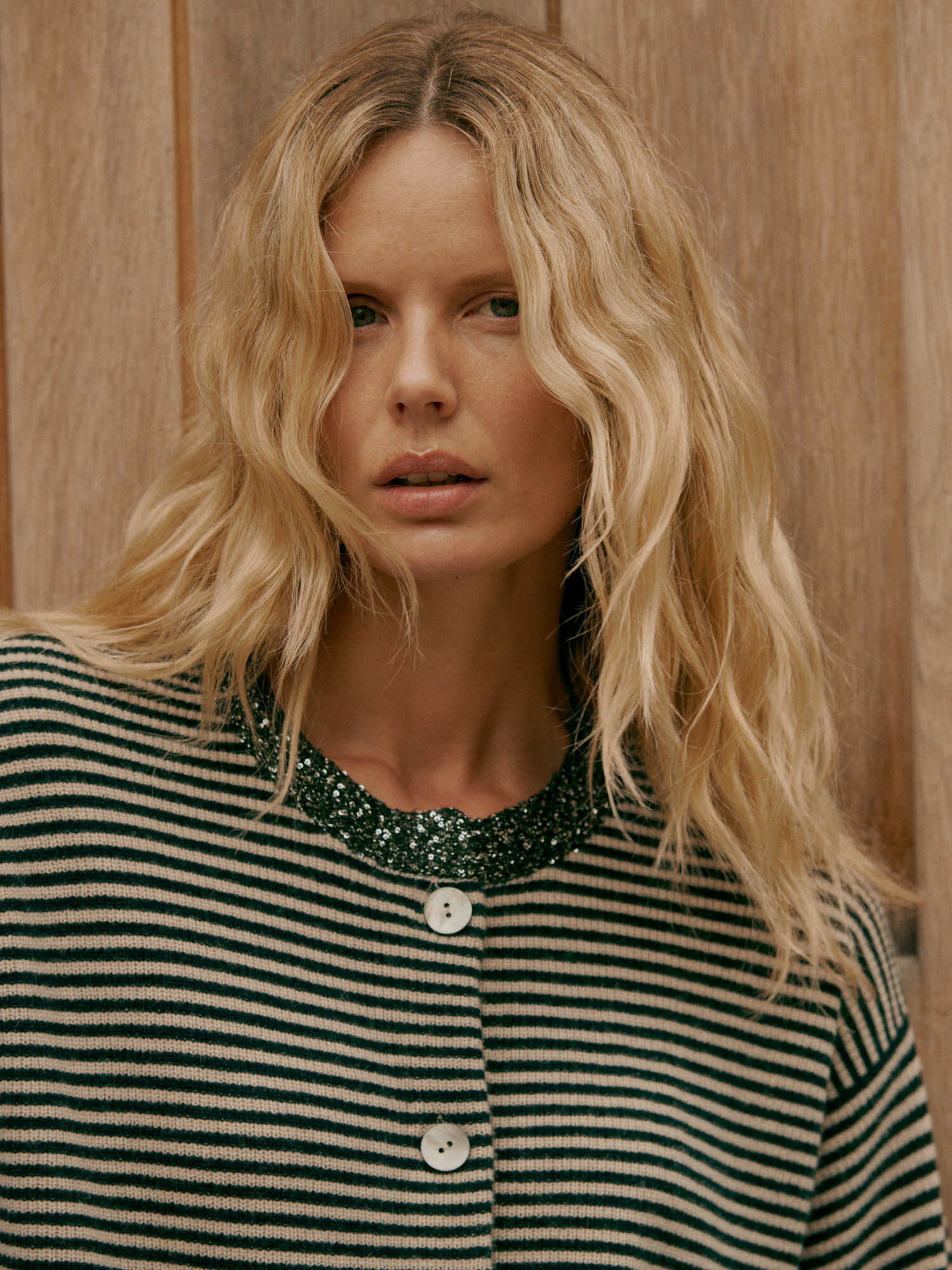 REPEAT gestreept kasjmier vest met pailletten