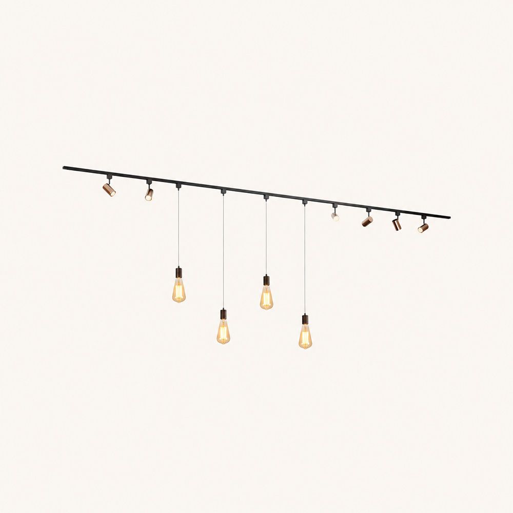 Railverlichting Pakket - Recht - 4x 1 m rail - 6 railspots - 4 hanglampen - Incl. GU10 & E27 - Warm wit - IP20 - Modulair - 230V - Beloria/Avaro - Brons | LUSENZ