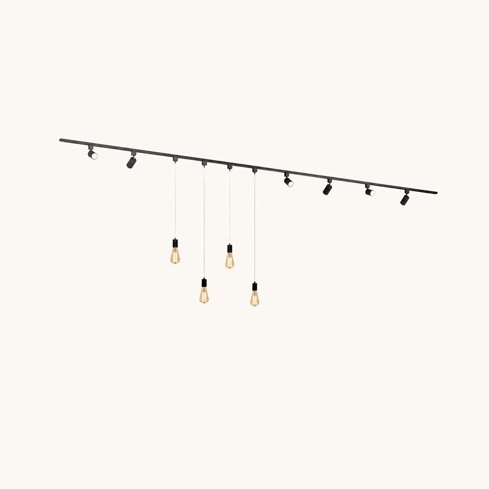 Railverlichting Pakket - Recht - 4x 1 m rail - 6 railspots - 4 hanglampen - Incl. GU10 & E27 - Warm wit - IP20 - Modulair - 230V - Taros/Avaro - Zwart | LUSENZ