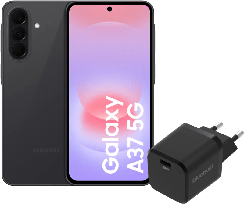 Samsung Galaxy A37 128GB Zwart 5G EE + BlueBuilt Oplader met Usb C Poort 45W Zwart