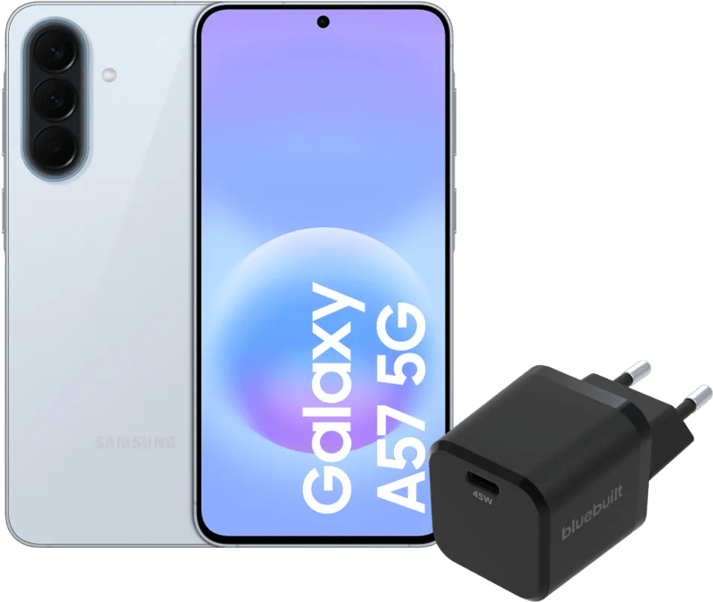 Samsung Galaxy A57 128GB Lichtblauw 5G + BlueBuilt Oplader met Usb C Poort 45W Zwart