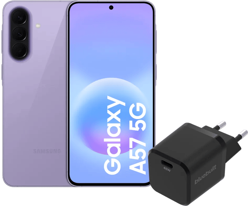 Samsung Galaxy A57 128GB Paars 5G + BlueBuilt Oplader met Usb C Poort 45W Zwart