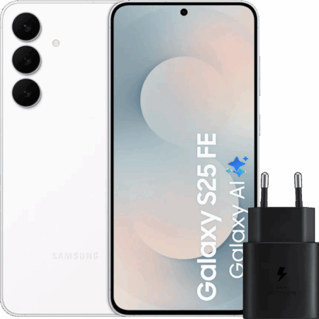 Samsung Galaxy S25 FE 128GB Wit 5G + Samsung Oplader 25 Watt Zwart