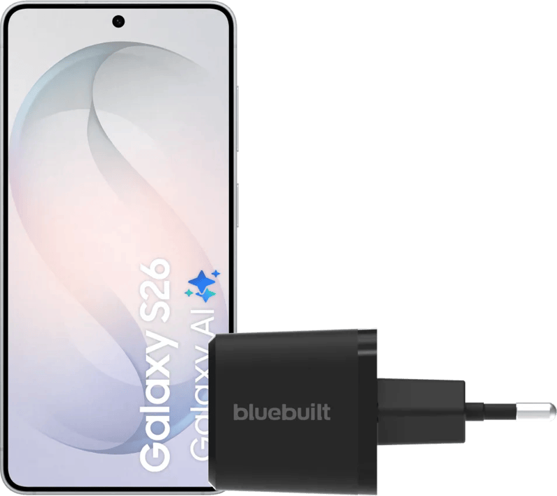 Samsung Galaxy S26 256GB Wit 5G + BlueBuilt Oplader 65 Watt Zwart
