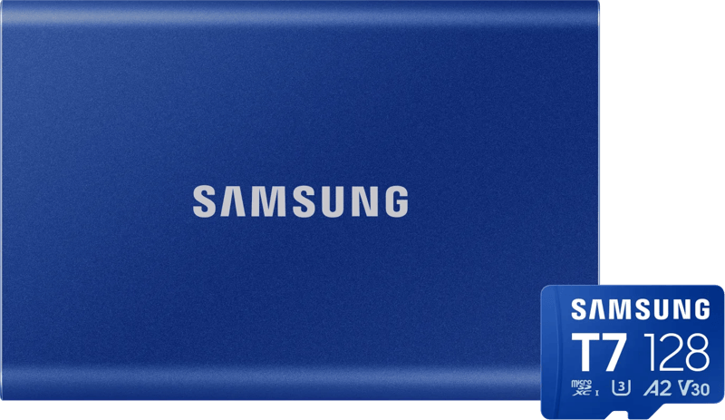 Samsung T7 Portable SSD 2TB Blauw + Samsung MicroSDXC T7 128GB 170MB/s