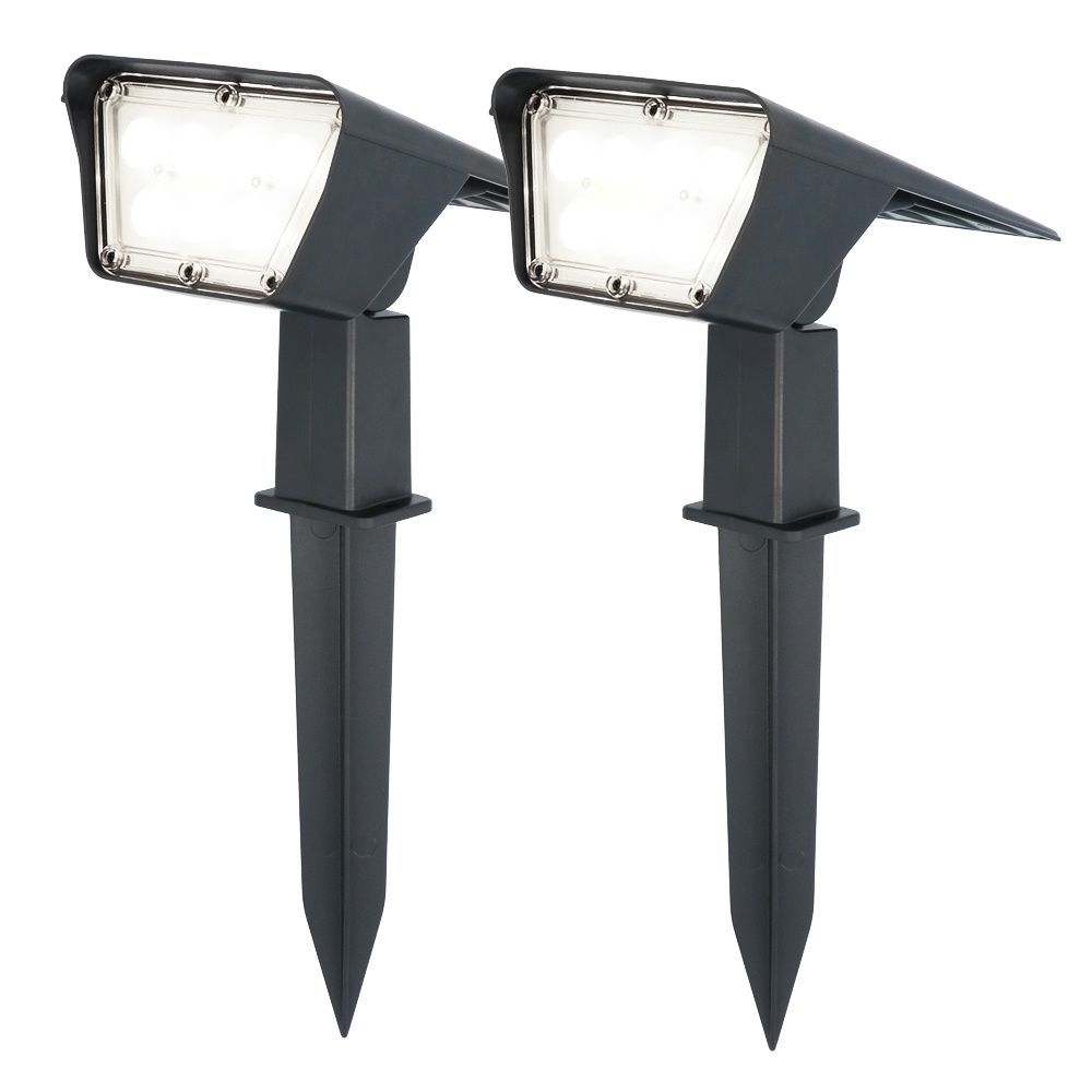 Set van 2 Odessa solar prikspots - Incl. Schemerschakelaar - 6000K daglicht wit - 2 lichtstanden - 300 lumen - 6-12 uur brandtijd - Kantelbaar - IP65 waterdicht | HOFTRONIC