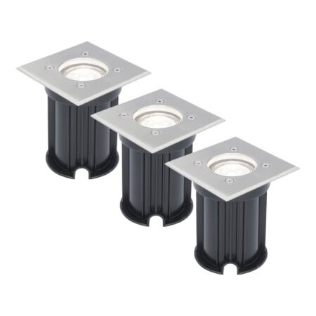 Set van 3 LED Grondspots vierkant buiten - Dimbaar - GU10 - 6500K daglicht wit - 4 Watt 345 Lumen - Oprit - Tuinspot - RVS - IP64 Waterdicht | HOFTRONIC