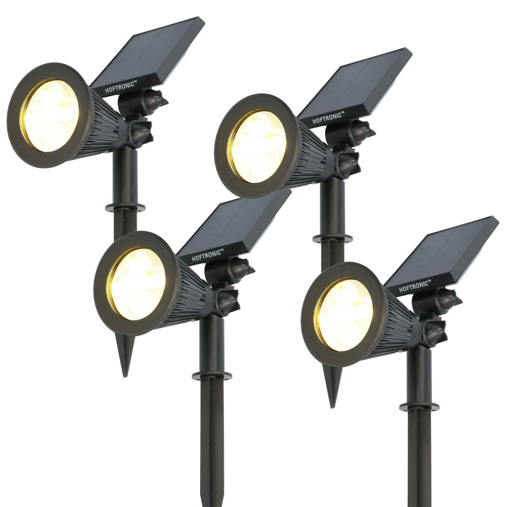 Set van 4 Bend PIR solar prikspots - Bewegingssensor en schemerschakelaar - 3000K warm wit - 2 lichtstanden - 300 lumen - 6-9 uur brandtijd - IP65 waterdicht | HOFTRONIC