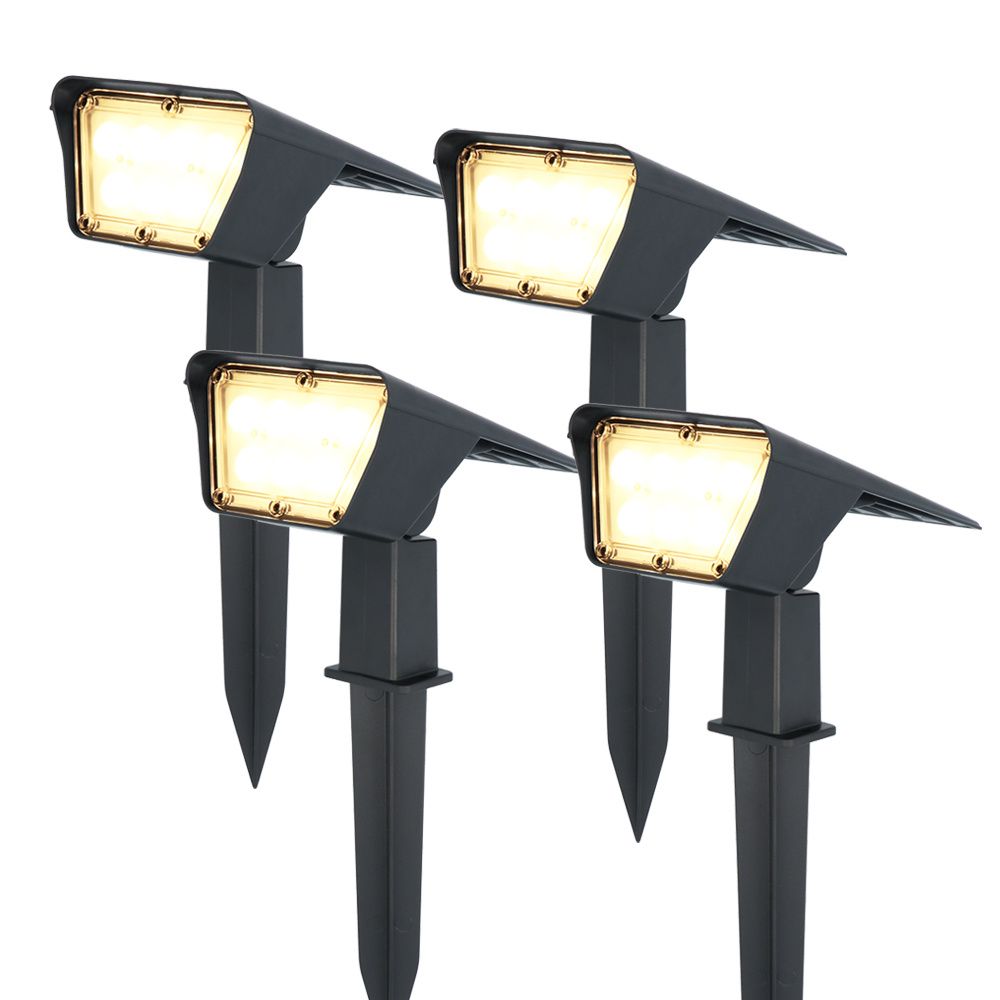 Set van 4 Odessa solar prikspots - Incl. Schemerschakelaar - 3000K warm wit - 2 lichtstanden - 300 lumen - 6-12 uur brandtijd - Kantelbaar - IP65 waterdicht | HOFTRONIC