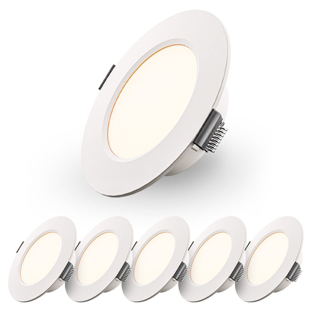 Set van 6 Georgia LED platte Inbouwspots wit - 3W 300lm - Rond - 2700K warm Wit - 91mm - IP20 voor binnen - Inbouwdiepte 25mm | HOFTRONIC