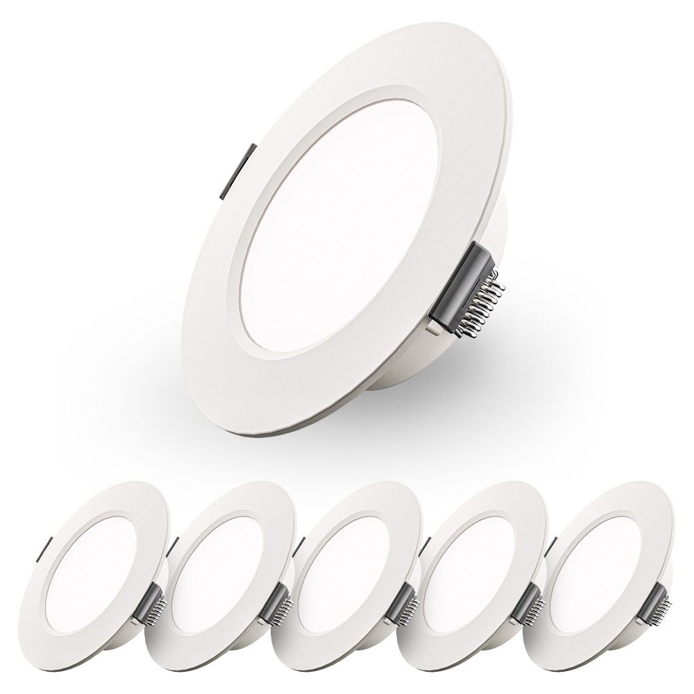 Set van 6 Georgia LED platte Inbouwspots wit - 6 Watt 490lm - Rond - 6500K Daglicht Wit - Ø120 mm - IP20 voor binnen - Inbouwdiepte 25mm | HOFTRONIC
