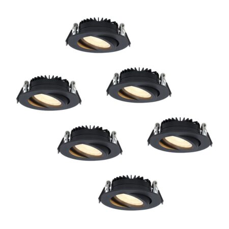 Set van 6 Rome LED inbouwspots - Kantelbaar - IP44 waterdicht - 6 Watt 500 lumen - 2700K warm wit - Lage inbouwdiepte 27mm - Dimbaar - Rond - Zwart - Voor binnen en buiten | HOFTRONIC