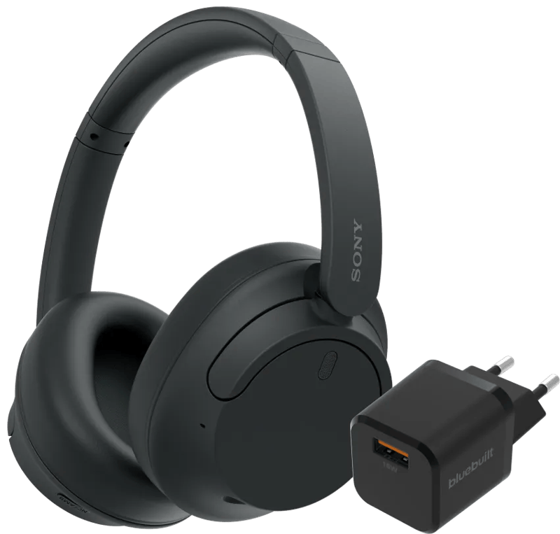 Sony WH-CH720N Zwart + BlueBuilt Quick Charge Oplader met Usb A Poort 18W Zwart