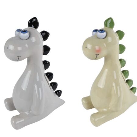 Spaarpot Dino wiebelogen grijs/groen 2 assorti aardewerk