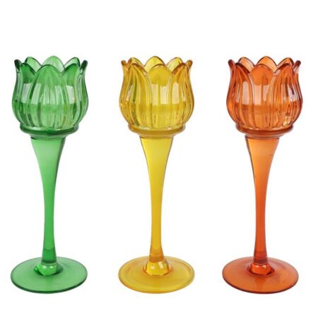 Theelichth Tulip L geel/groen/oranje 3 assorti glas