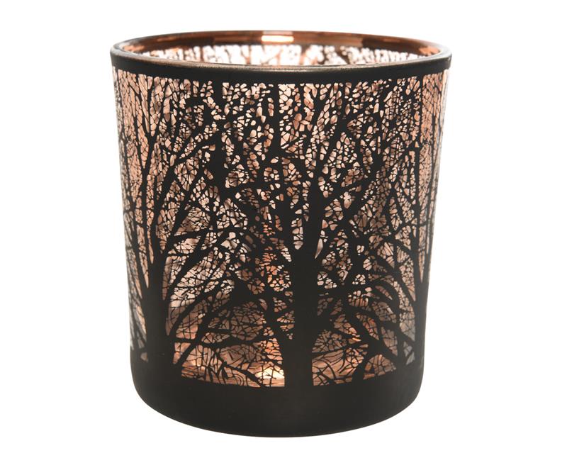 Theelichthouder boom glas zwart 8cm | Decoris