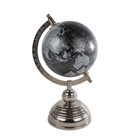 Wereldbol World zwart/zilver hout/metaal 11x12x25cm