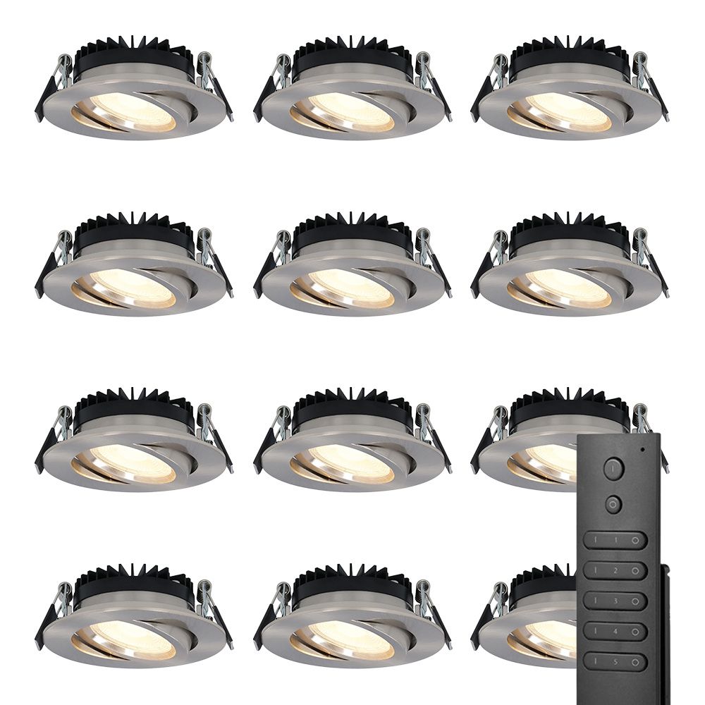 12x LED inbouwspots Rome - RVS - 6 Watt 500 lumen - Kantelbaar - Dimbaar - 2700K warm wit - IP44 Waterdicht - Inclusief afstandsbediening - Geringe inbouwdiepte | HOFTRONIC