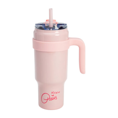 Isolerende drinkbeker met afneembaar handvat en rietje. (Roze)