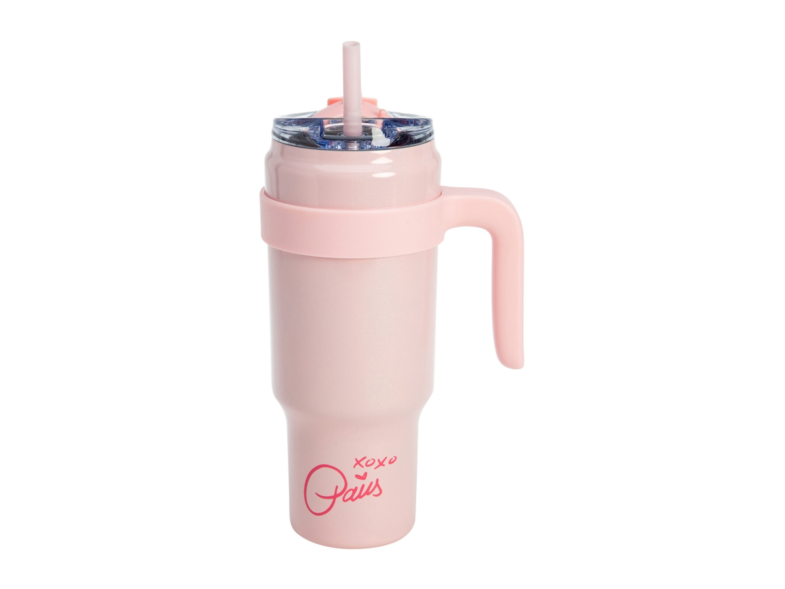 Isolerende drinkbeker met afneembaar handvat en rietje. (Roze)