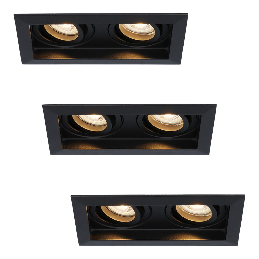 Set van 3 Durham LED Dubbele inbouwspots Rechthoek - 8 watt 690 lumen - 2700K Warm wit - GU10 - Dimbaar Kantelbaar - Voor binnen - Zwart | HOFTRONIC